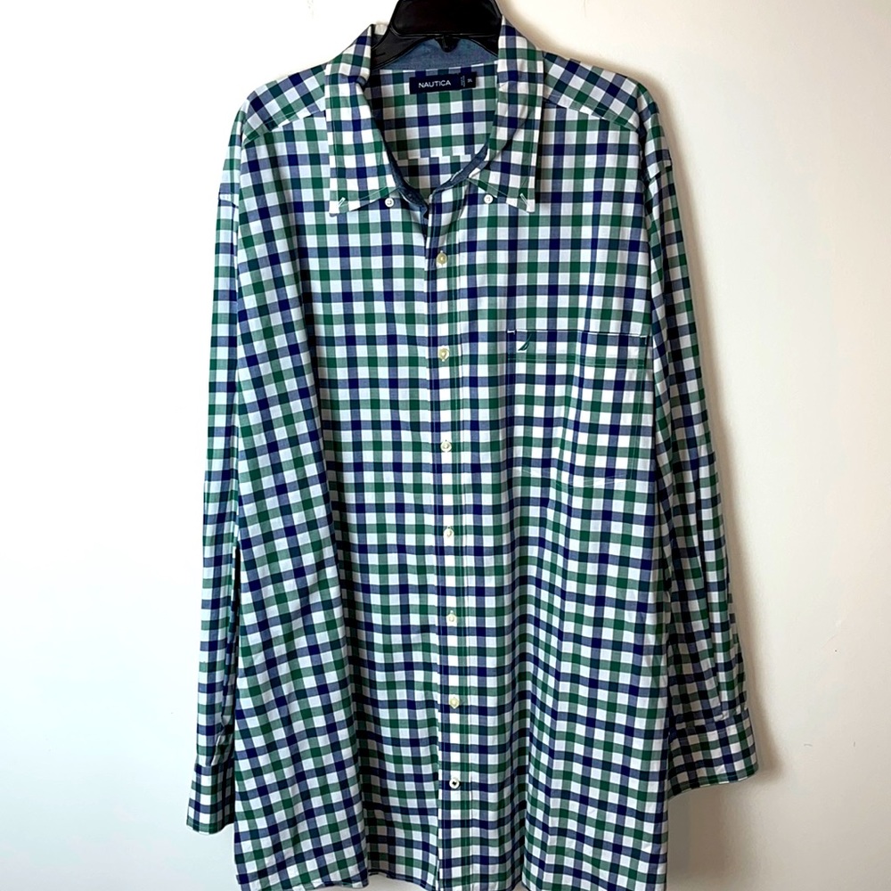 Nautica blue green white plaid button down shirt. Size 3XL.
